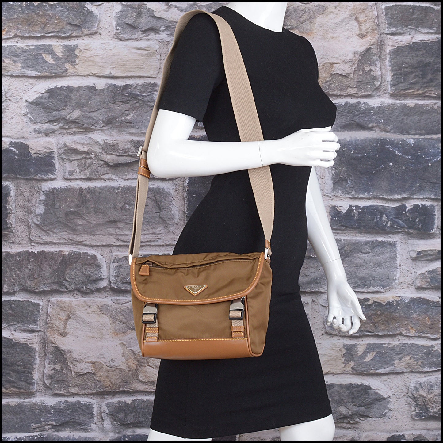 RDC15434 PRADA Brown Re-Nylon Leather Trimmed Triangle Messenger Bag