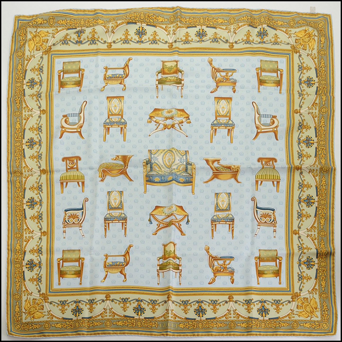 RDC14801 GUCCI Vintage Light Blue/Gold Baroque Chairs Silk Scarf