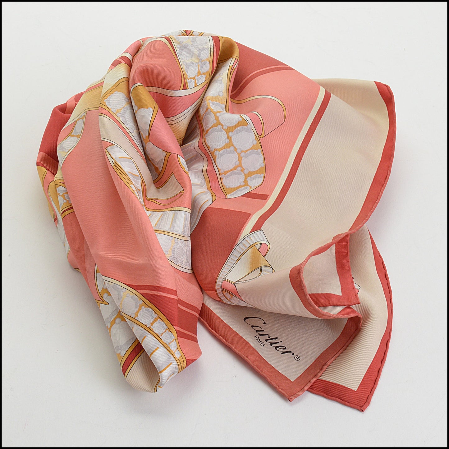 RDC14252 Authentic CARTIER Red / Beige / Gold Jeweled Ribbons 90cm Silk Scarf