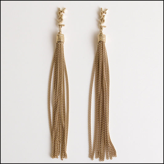 RDC14709 SAINT LAURENT YSL Light Golden Chain Fringe Dangle Earrings