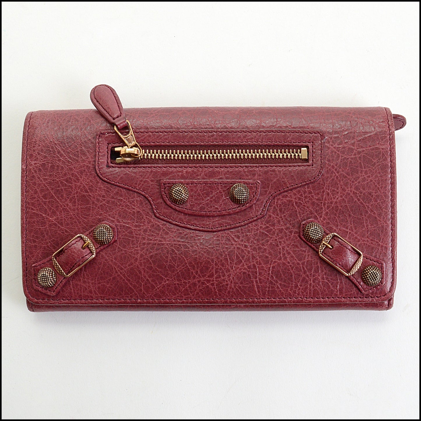 RDC14347 Authentic BALENCIAGA '12 Burgundy Lambskin Rose Gold HW Money Wallet
