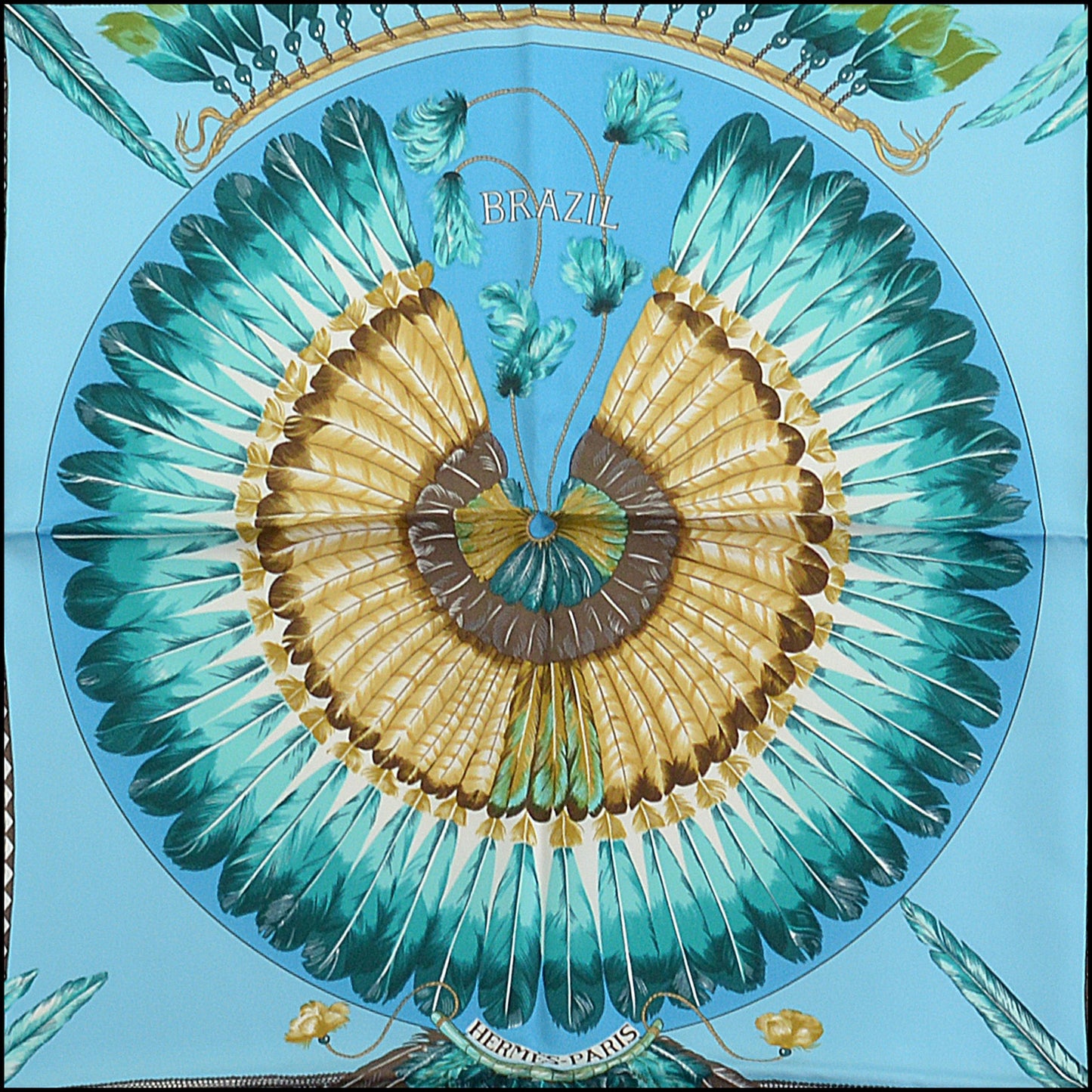 RDC14791 HERMES "Brazil" Feather Headdress Silk Scarf 90