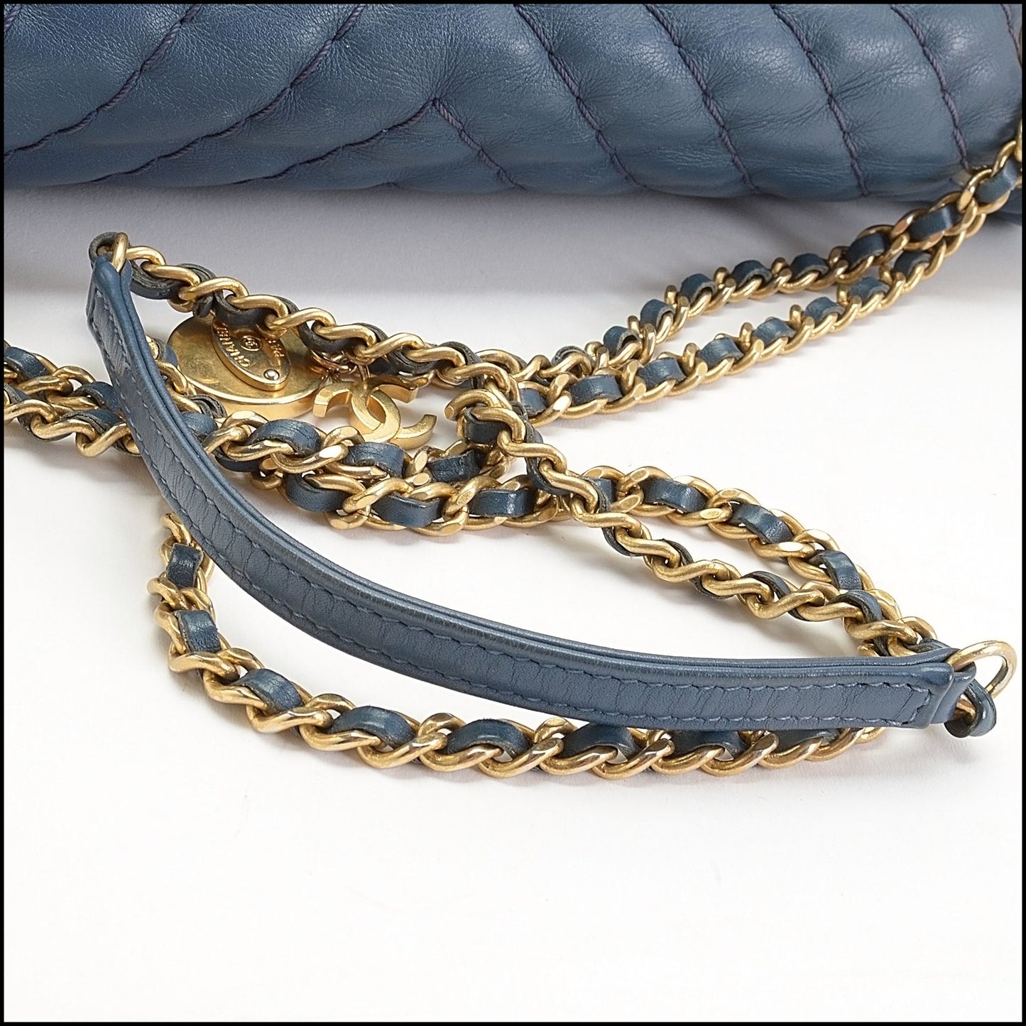 RDC14086 Authentic CHANEL '12 Blue Calfskin Leather Jumbo Chevron Medallion Single Flap Bag