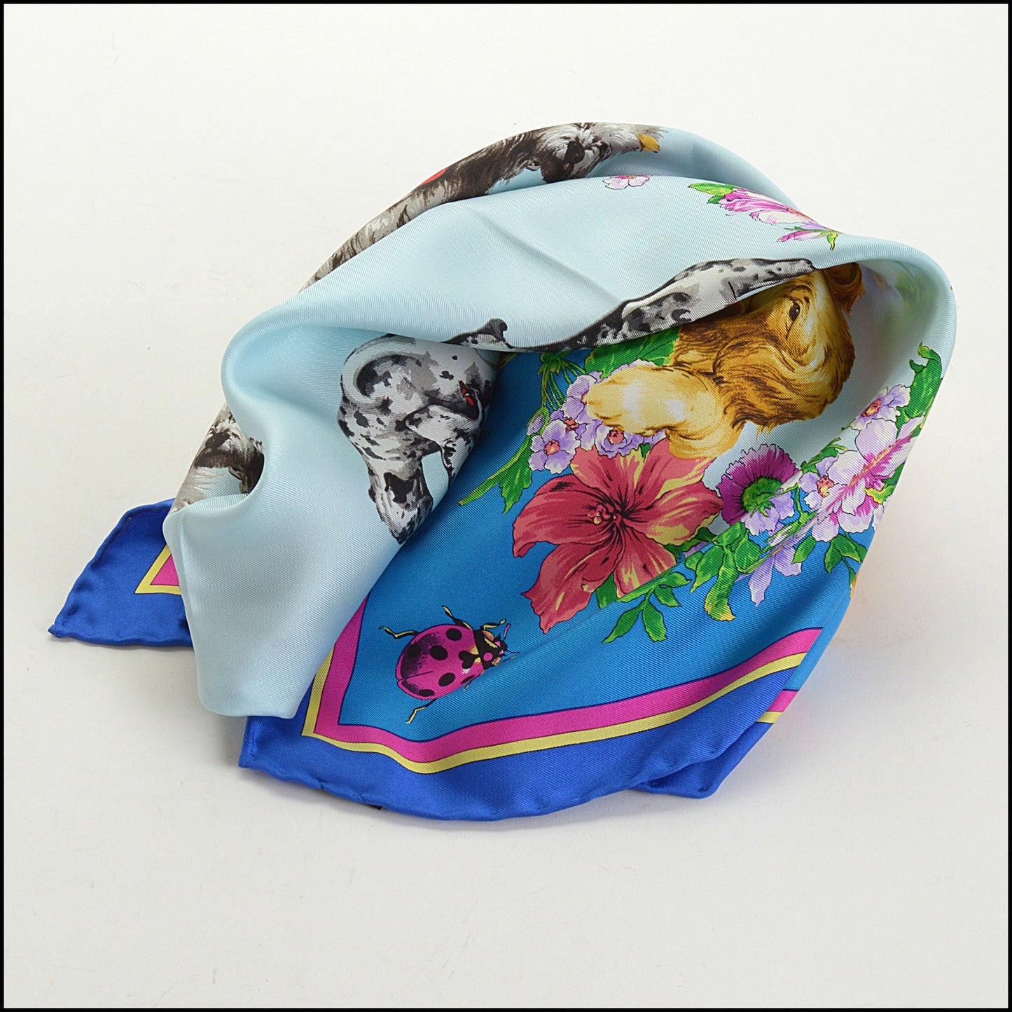 RDC14803 GIANNI VERSACE Vintage Bright & Pale Blue Dogs Silk Scarf
