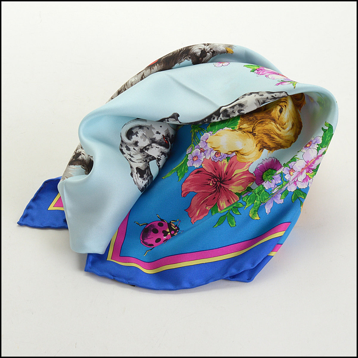 RDC14803 GIANNI VERSACE Vintage Bright & Pale Blue Dogs Silk Scarf