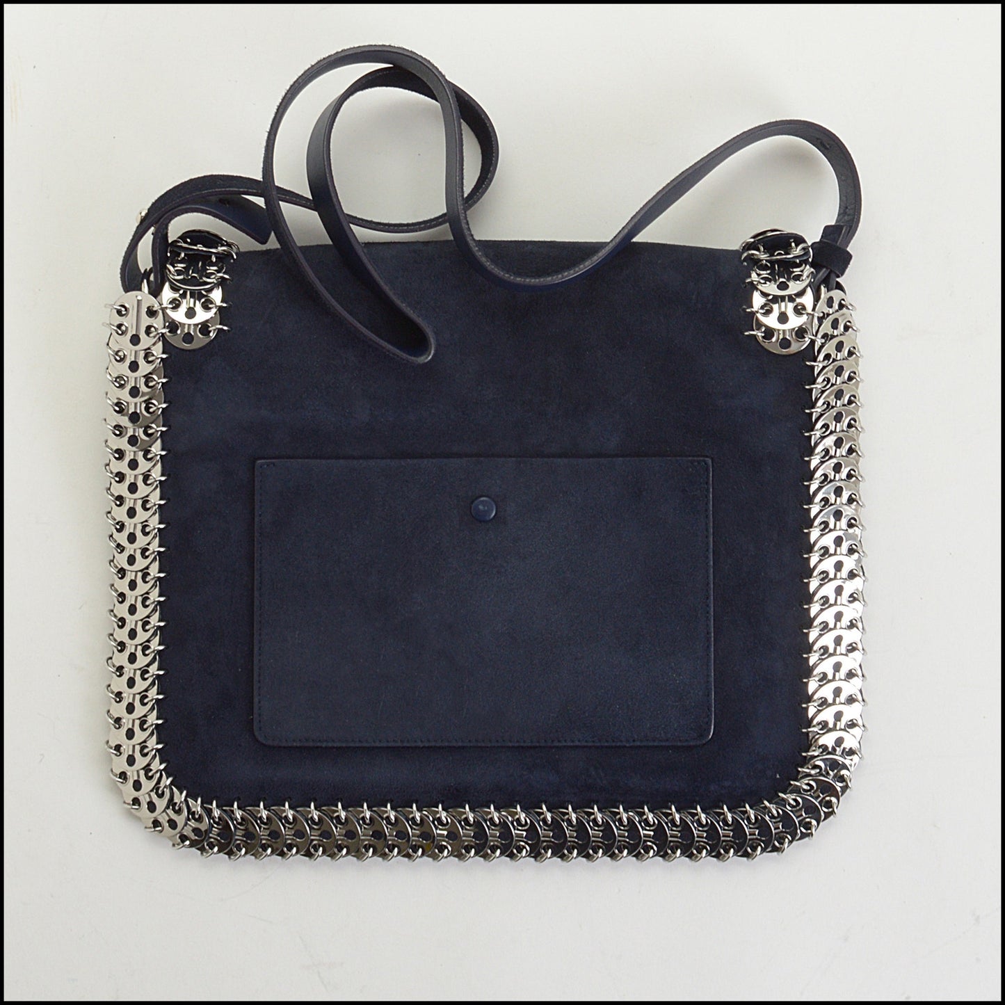 RDC14657 PACO RABANNE Navy Blue Suede Silver Disc Flap Bag