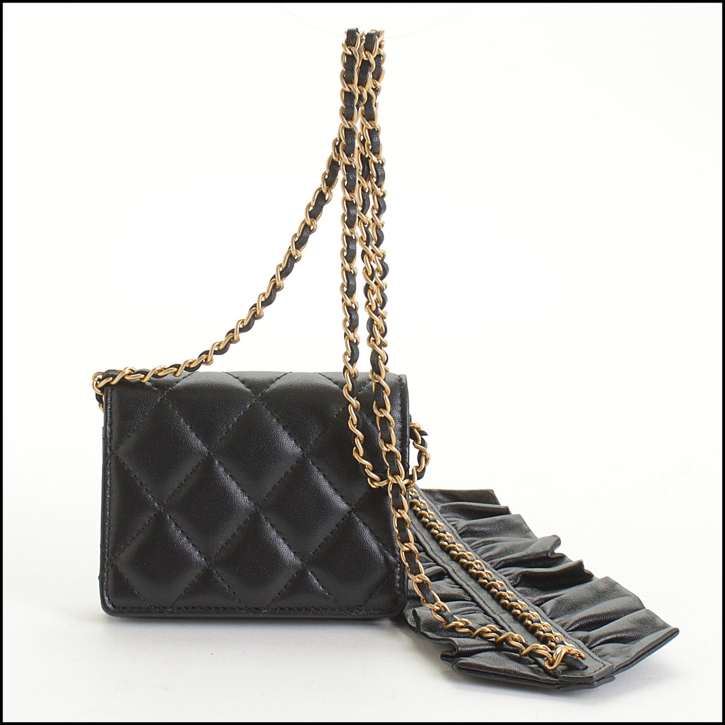 RDC14764 CHANEL '20 Black Lambskin Romance Ruffle Chain Card Wallet