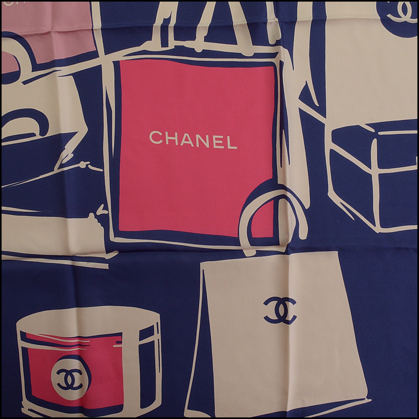 RDC14312 Authentic CHANEL Navy Blue & Multicolor Shopping Bags 90cm Silk Scarf