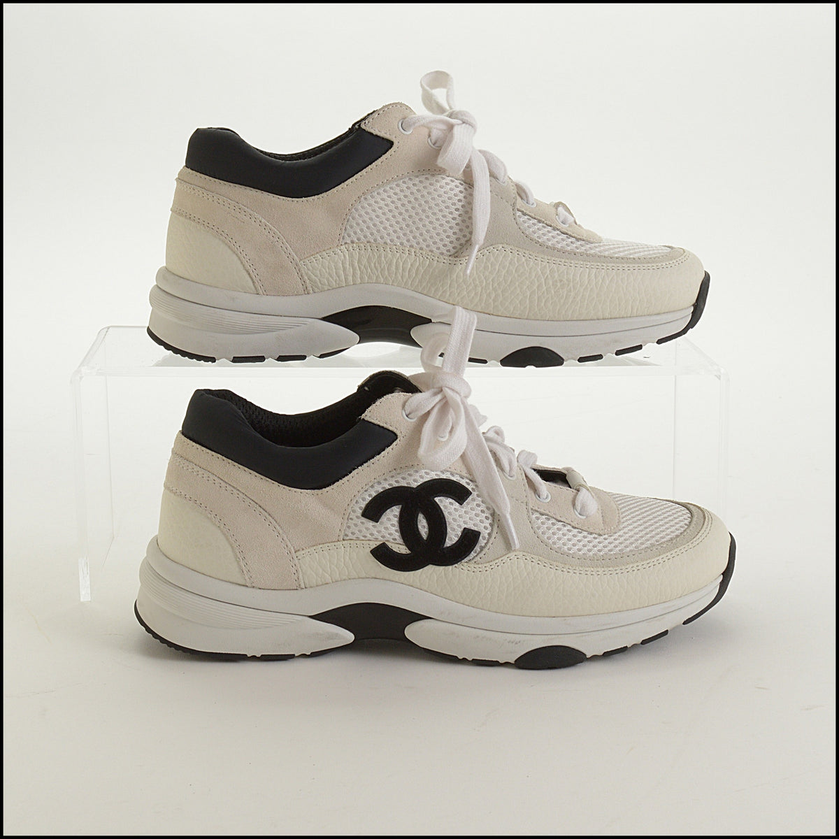 RDC15672 CHANEL Black CC White Mesh/Leather/Light Gray Suede Sneakers Size 38