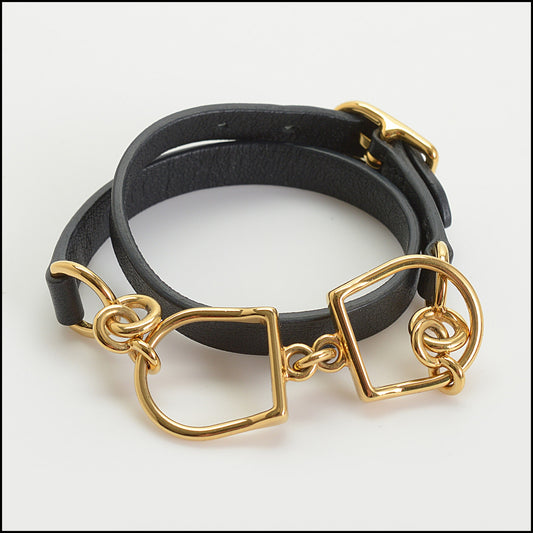 RDC14856 HERMES Black Leather Double Tour Etrier Bracelet