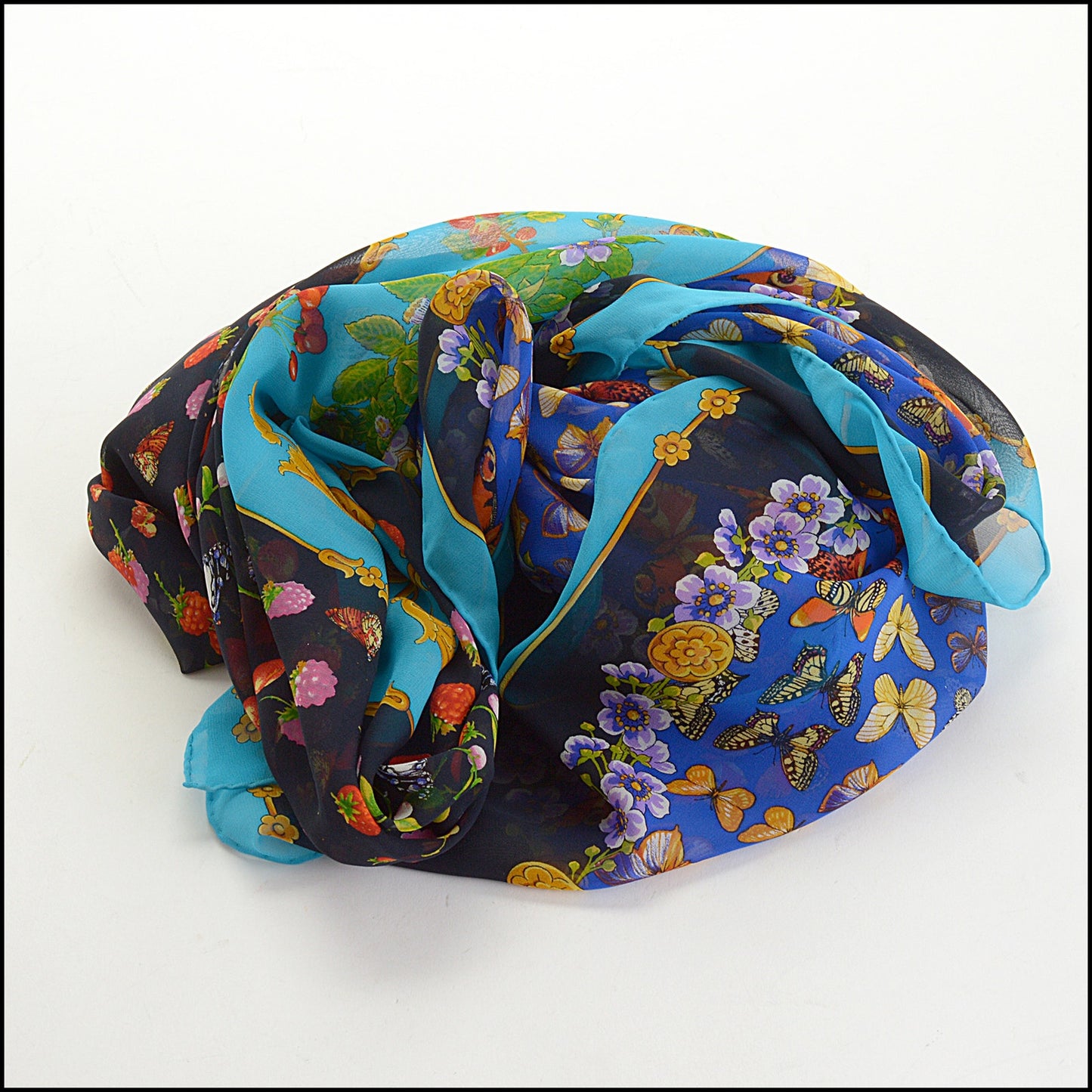RDC14804 GIANNI VERSACE Vintage Butterflies/Fruits SIlk Chiffon Shawl Large Scarf