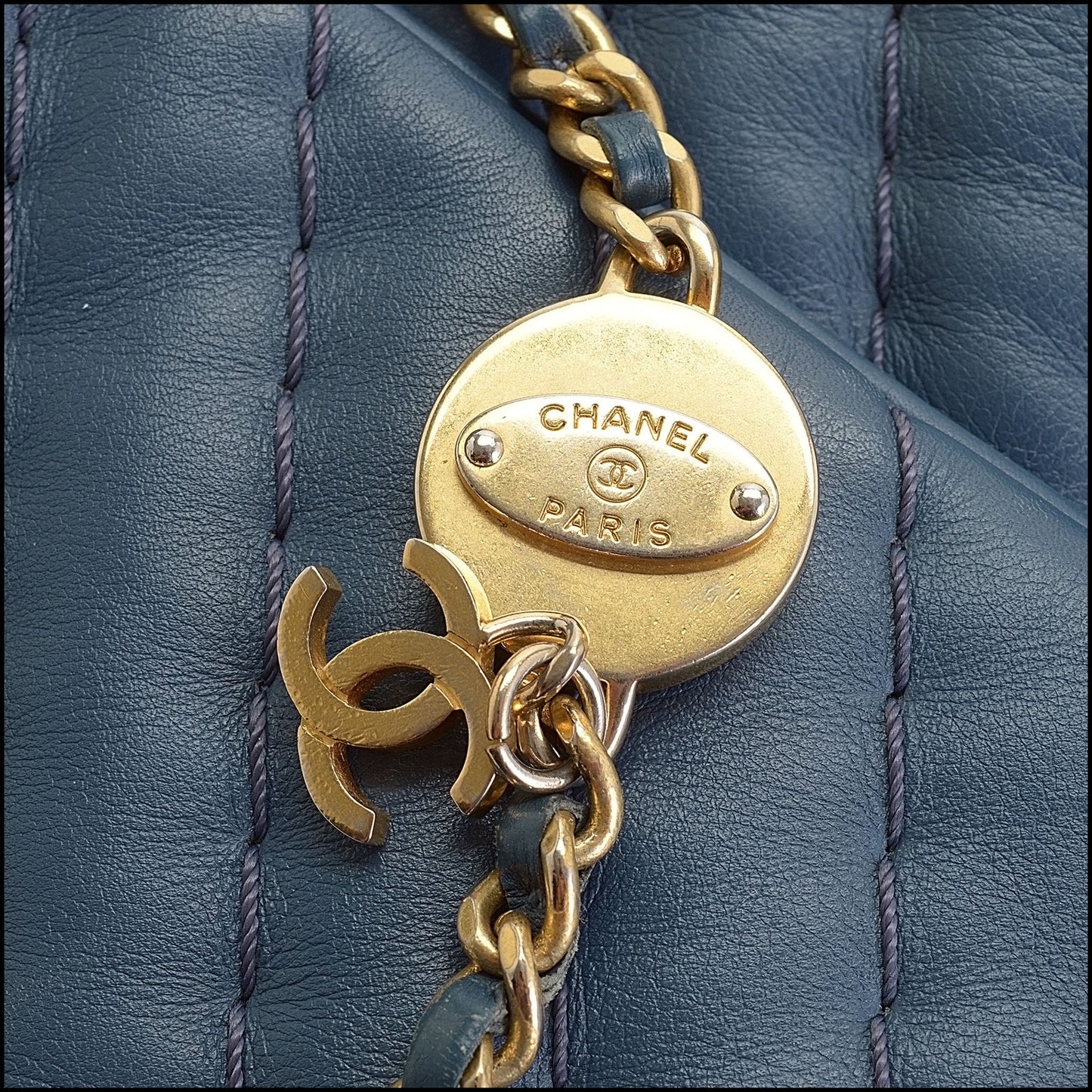 RDC14086 Authentic CHANEL '12 Blue Calfskin Leather Jumbo Chevron Medallion Single Flap Bag