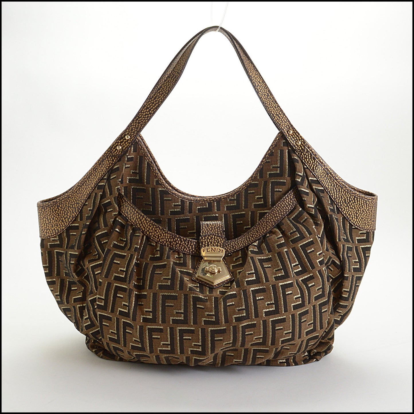 RDC14491 Fendi Gold Metallic Brown Zucca FF Logo Canvas Chef Shoulder Bag