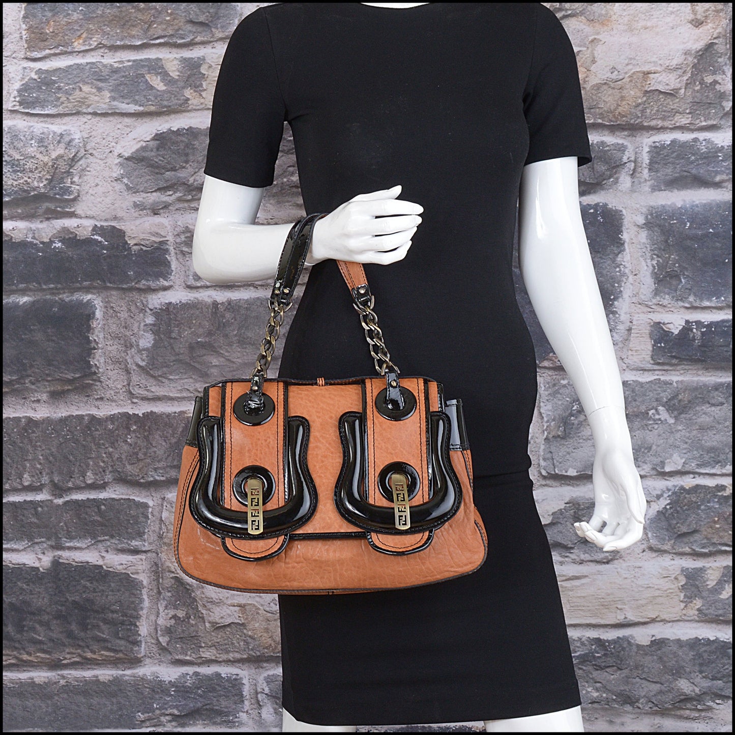 RDC15596 FENDI Black Patent / Saddle Brown Leather B-Bag Flap