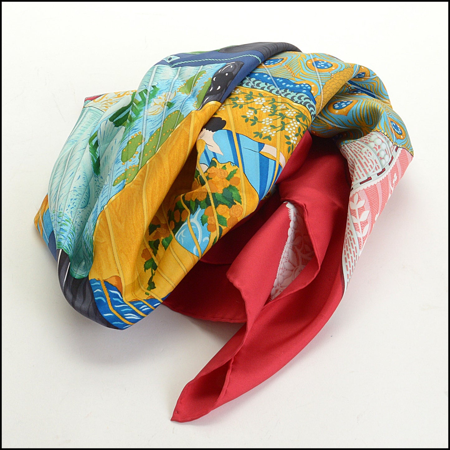RDC14792 HERMES Red "Brise de Charme" Fans Silk Scarf 90 cm