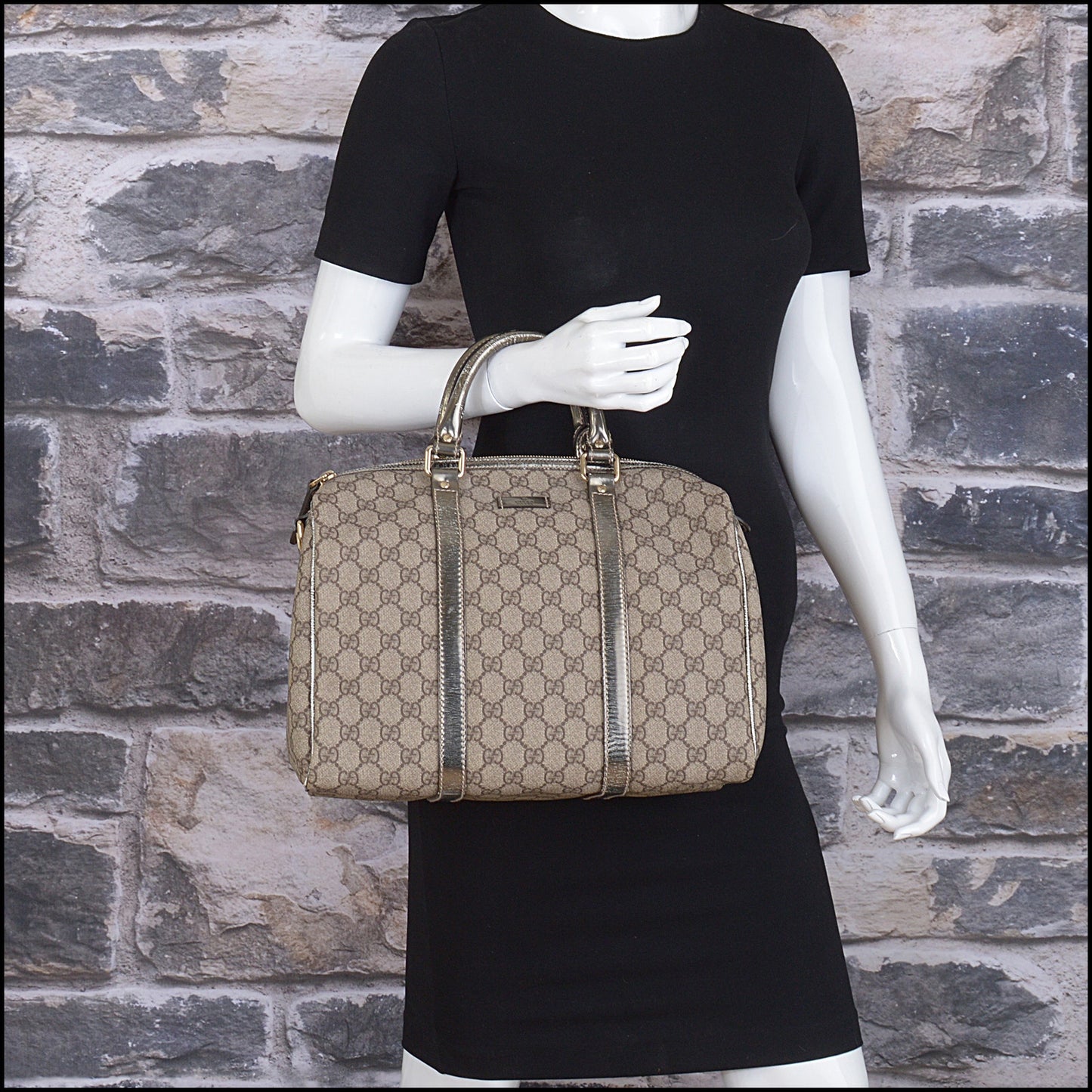 RDC15180 GUCCI Vintage Brown GG Supreme Silver Leather Boston Bag