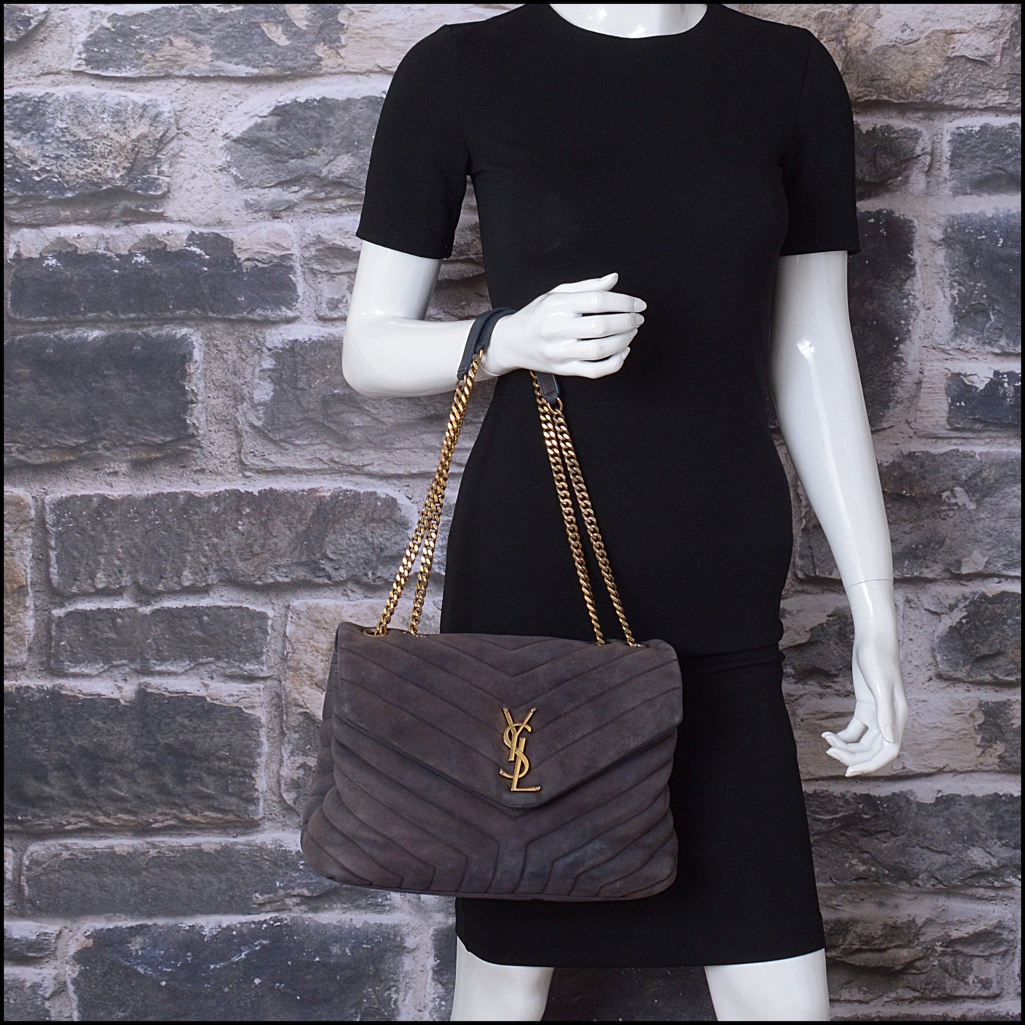 RDC14528 SAINT LAURENT Brown Quilted Suede Loulou Small Shoulder Bag