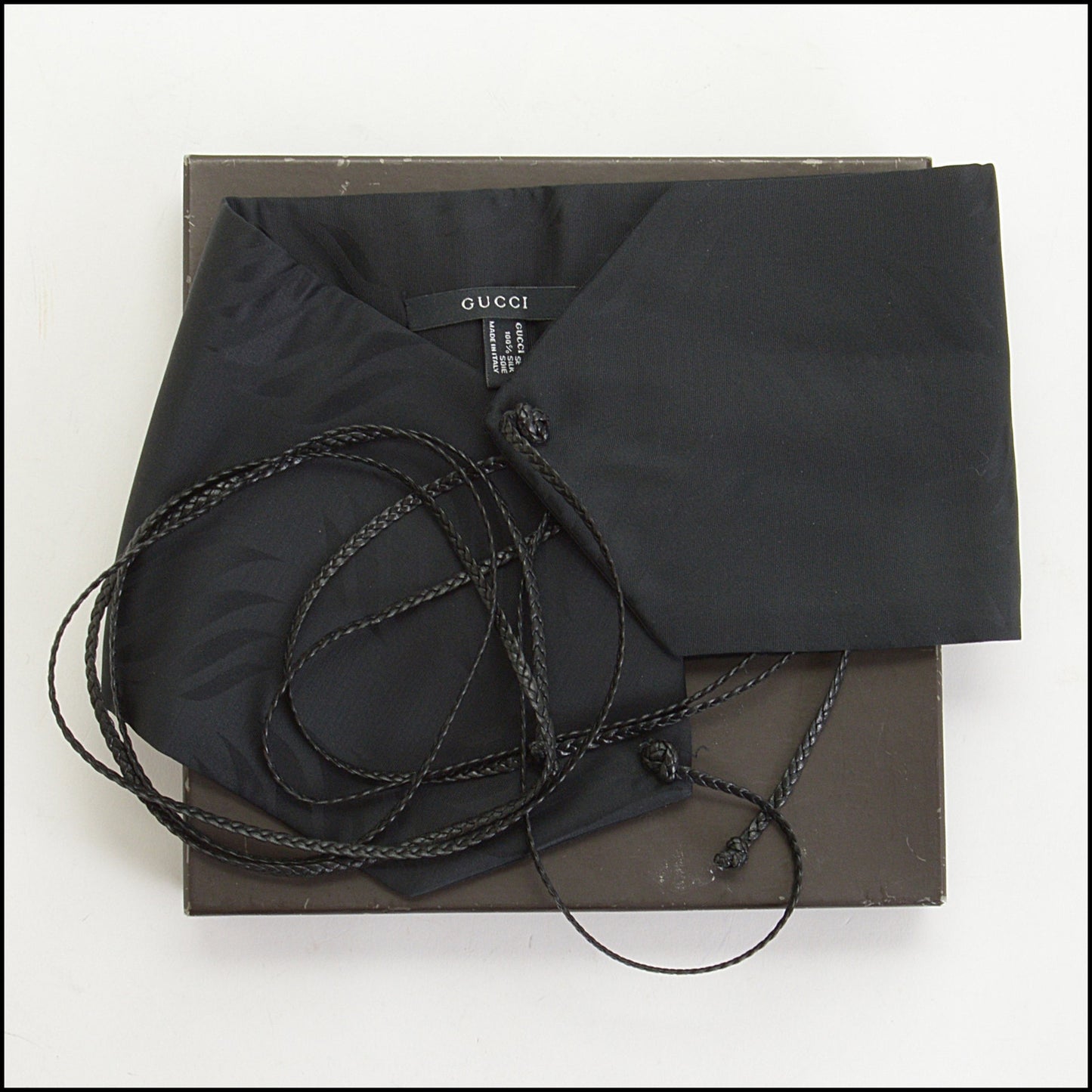 RDC14719 GUCCI Black Tiger-Stripe Jacquard Silk & Braided Leather Obi-Wrap Belt