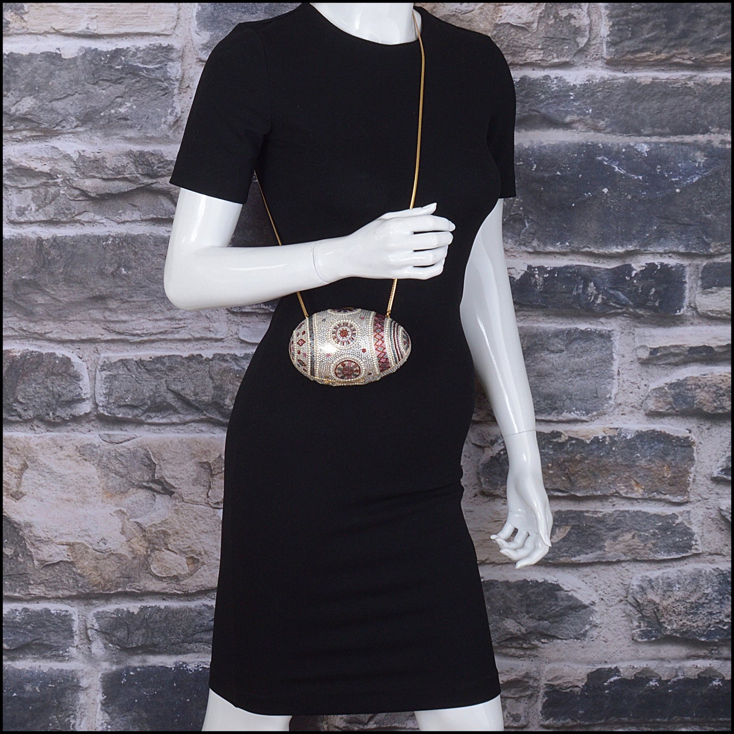 RDC14971 JUDITH LEIBER Mosaic Decorated Egg Crystal & Pearl Minaudiere Bag