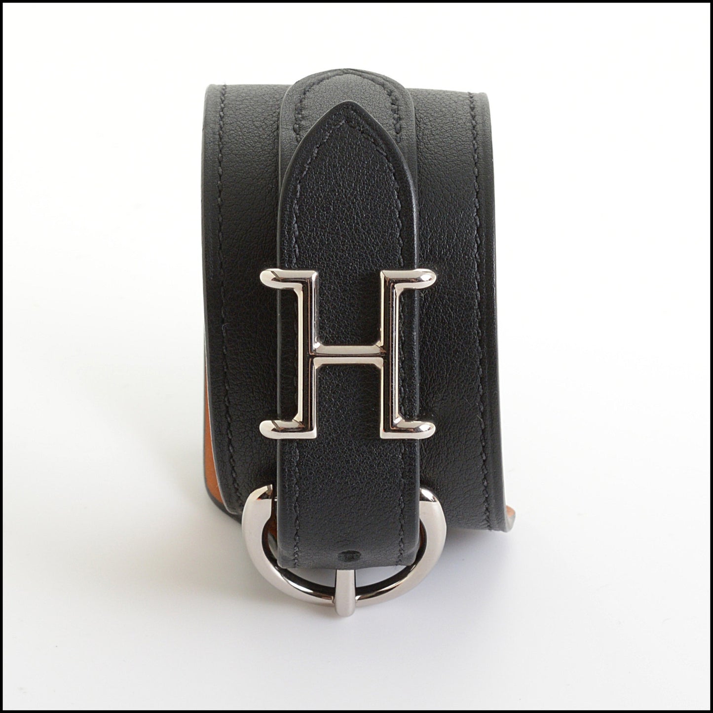RDC14845 HERMES H Trench Leather Bracelet Black Cuff