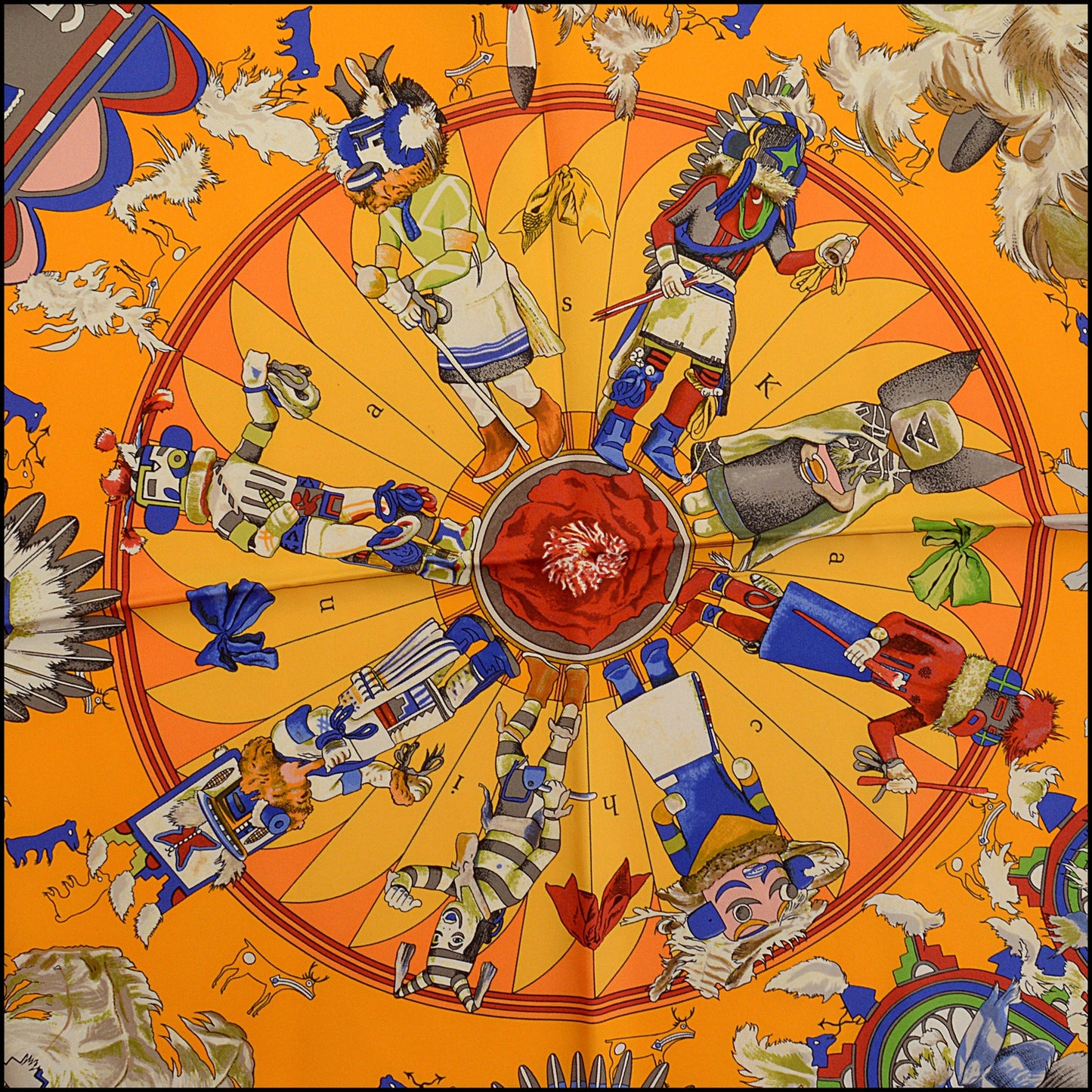RDC14891 HERMES Vintage Saffron "Kachinas" 90cm Silk Scarf Kermit Oliver