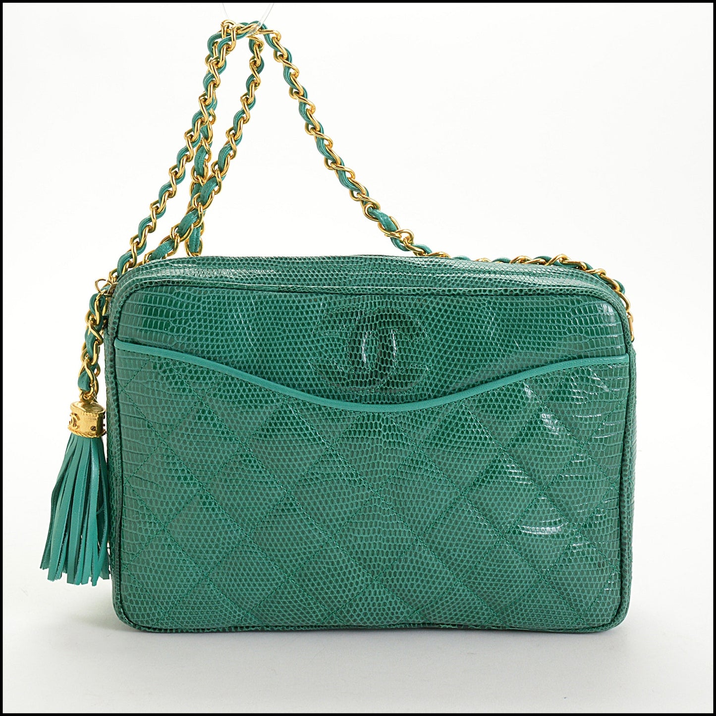RDC14690 CHANEL Vintage '86-'88 Green Lizard Chain Strap Camera Bag