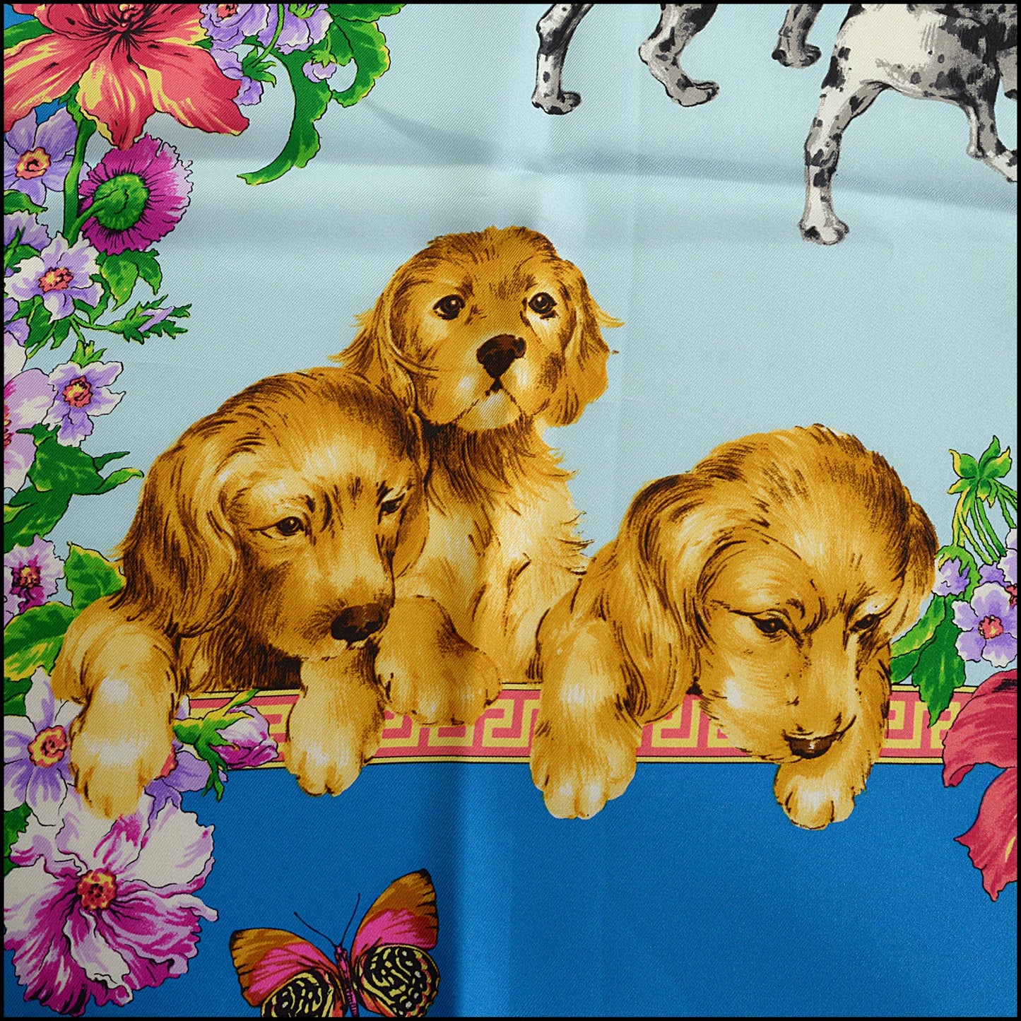 RDC14803 GIANNI VERSACE Vintage Bright & Pale Blue Dogs Silk Scarf