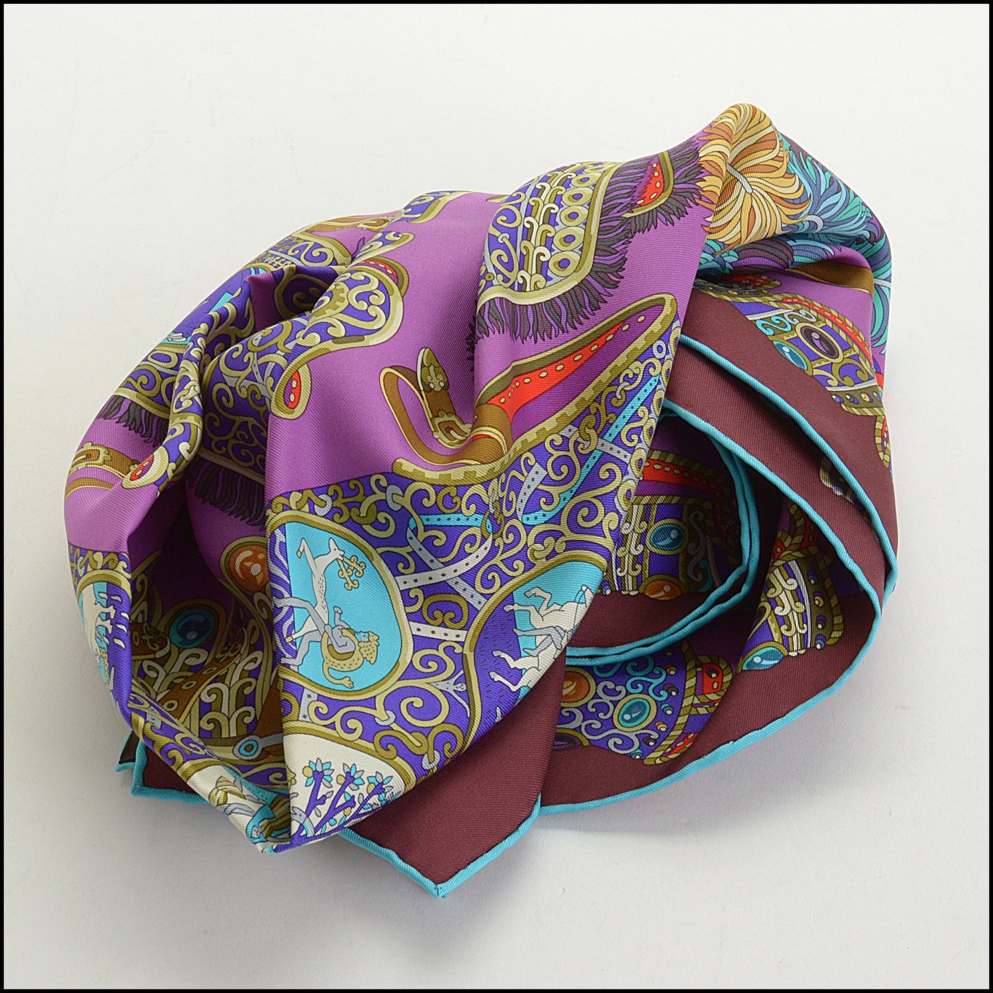 RDC14822 HERMES Turquoise/Multi Sous L'egide de Mars 90 cm Silk Scarf