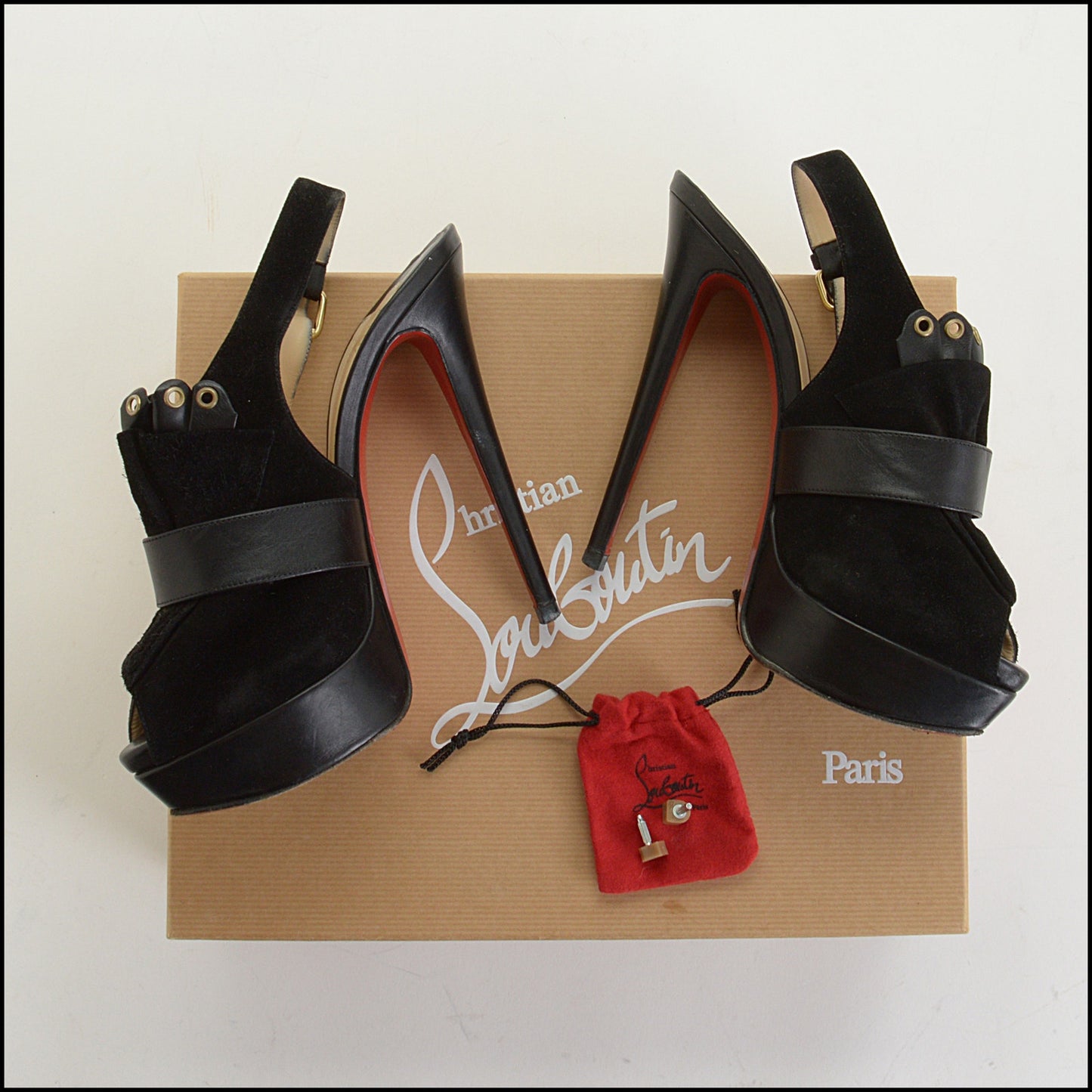 RDC14652 CHRISTIAN LOUBOUTIN Black Suede Jem Platform Peep Toe 150 Sandals Size 38.5