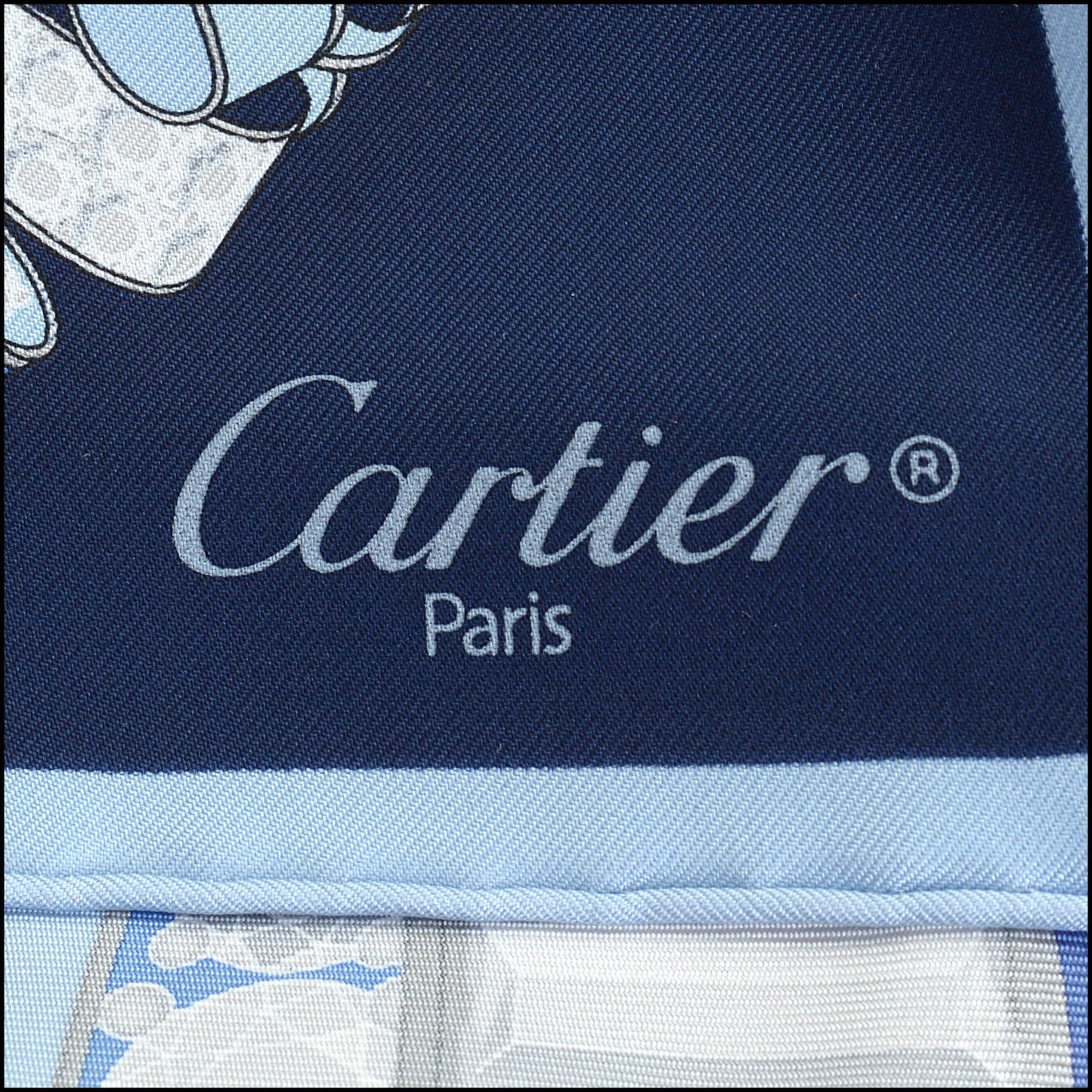 RDC14253 Authentic CARTIER Blue / Silver Jeweled Ribbons 90cm Silk Scarf
