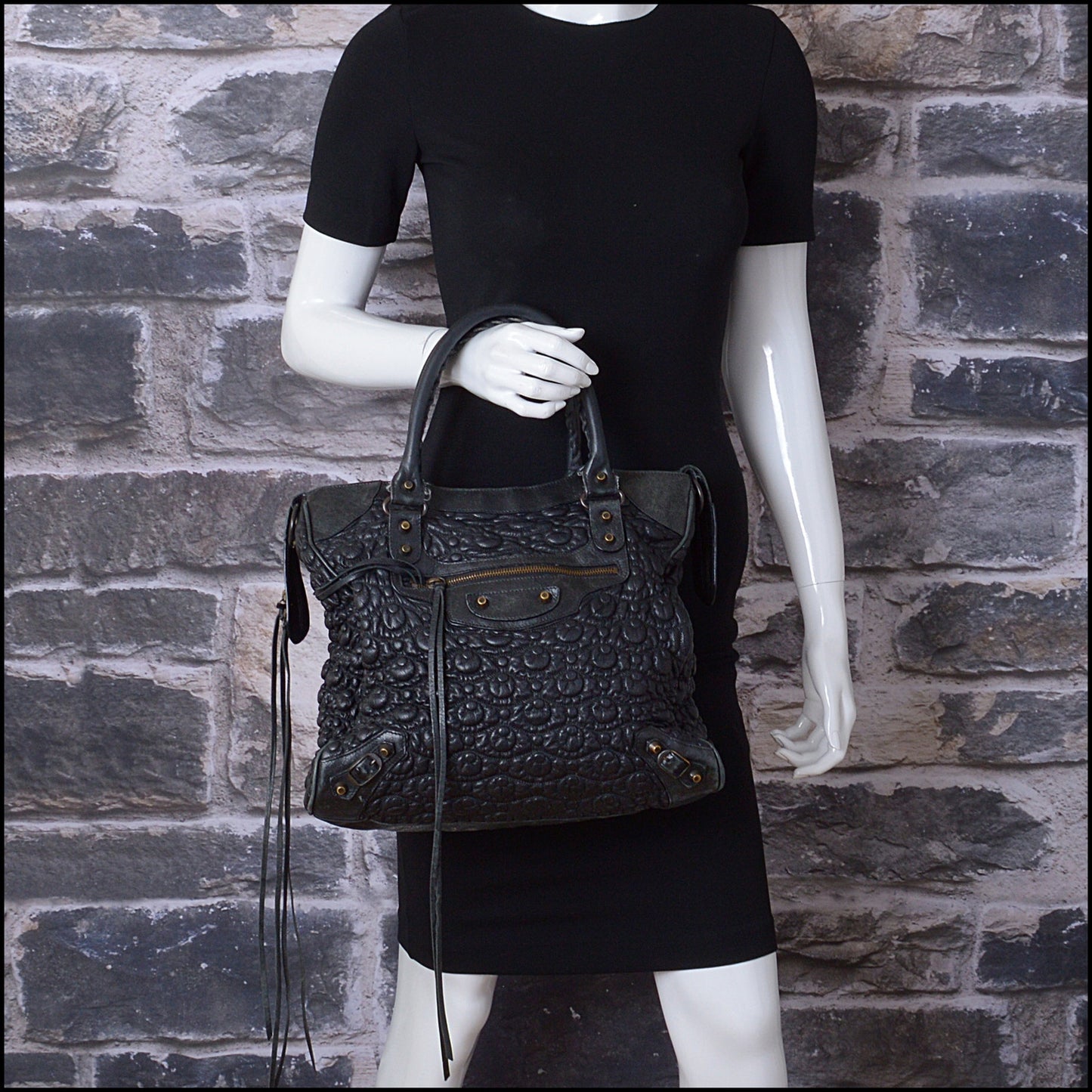 RDC14395 Authentic BALENCIAGA Black Smock Quilted Leather Morning Bag