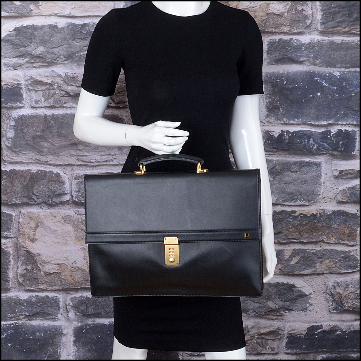 RDC14938 DUNHILL Vintage 90s Black Leather Locking Briefcase