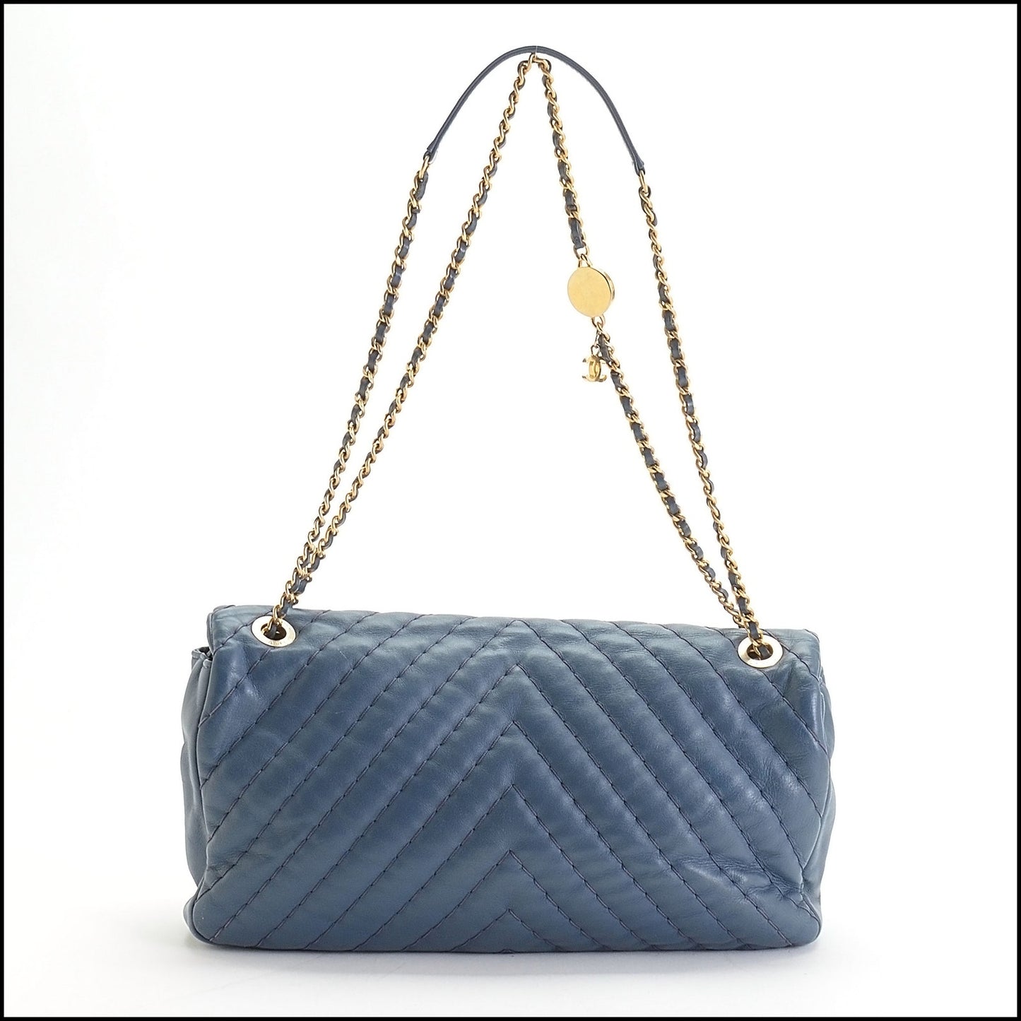 RDC14086 Authentic CHANEL '12 Blue Calfskin Leather Jumbo Chevron Medallion Single Flap Bag