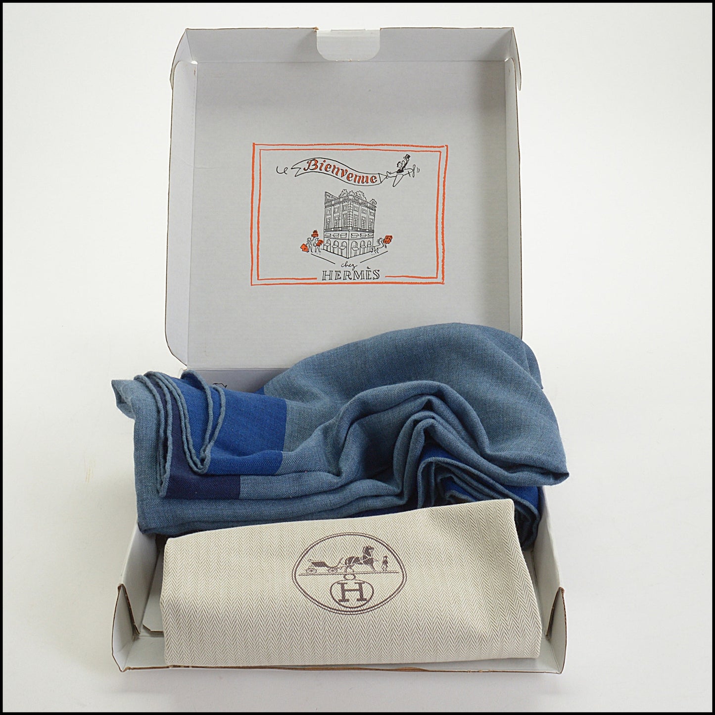 RDC14626 HERMES Blue Multi Cashmere Silk Encadre Giant 140cm Scarf