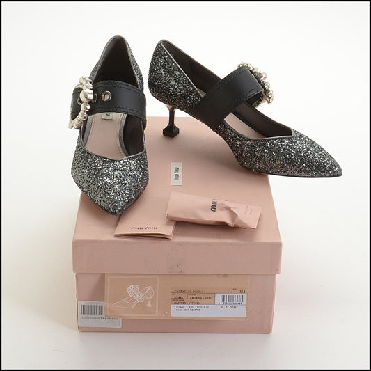 RDC14879 MIU MIU '17 Grey Glitter Pearl Buckle Heels Sz 38.5
