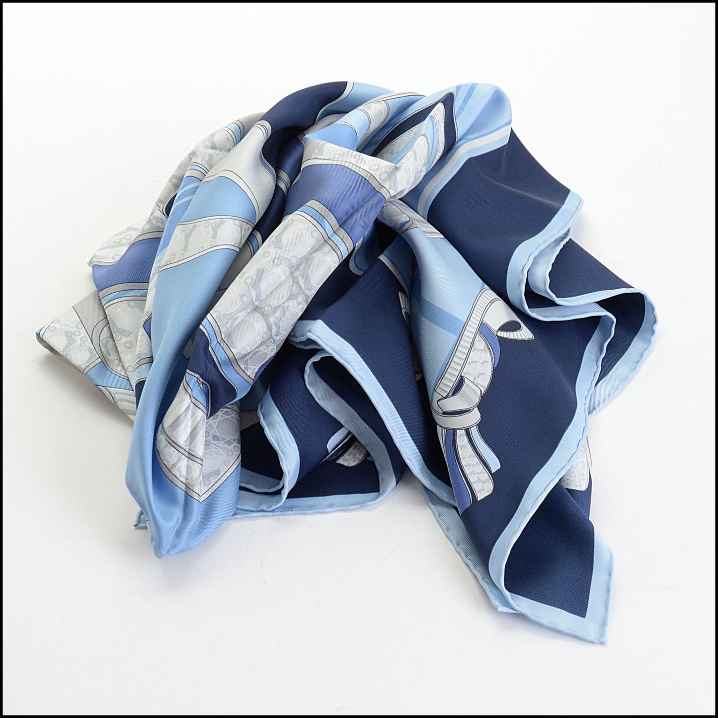 RDC14253 Authentic CARTIER Blue / Silver Jeweled Ribbons 90cm Silk Scarf