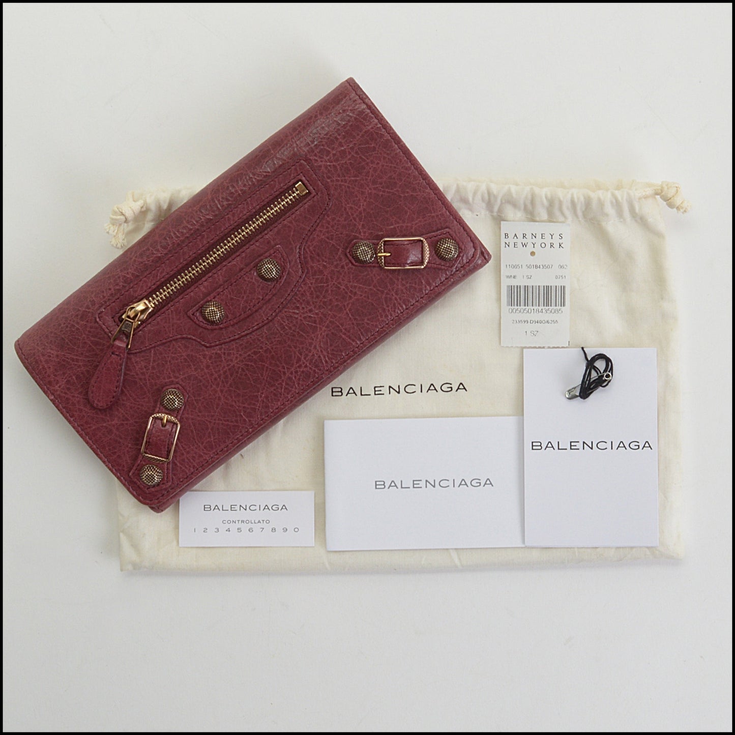 RDC14347 Authentic BALENCIAGA '12 Burgundy Lambskin Rose Gold HW Money Wallet