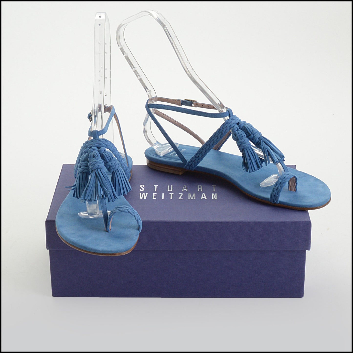 RDC14433 Stuart Weitzman Miramar Blue Suede Tasselites Sandals Size 8 Narrow