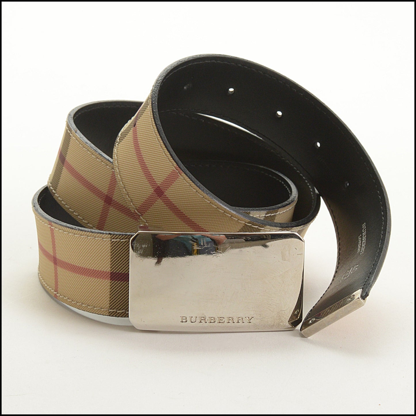 RDC15562 BURBERRY Beige Nova Check PVC/Black Leather Reversible Logo Buckle Belt Size 100