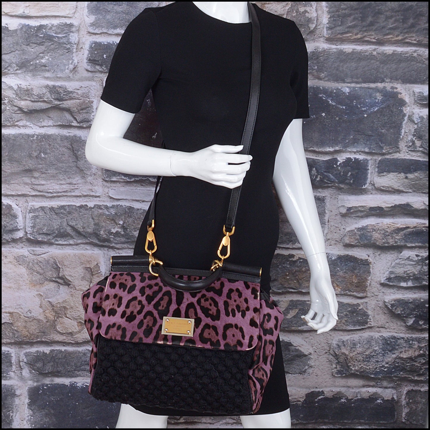 RDC14718 DOLCE & GABBANA Purple/Black Leopard Print Calf Hair Pony Knit Miss Sicily Satchel