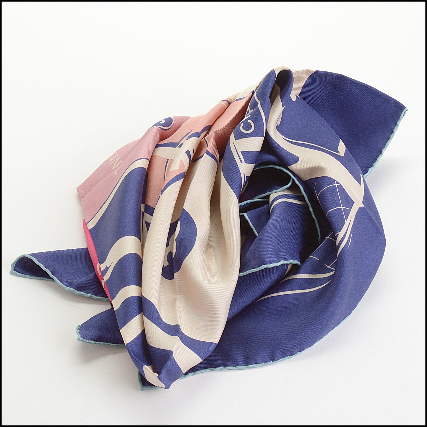 RDC14312 Authentic CHANEL Navy Blue & Multicolor Shopping Bags 90cm Silk Scarf
