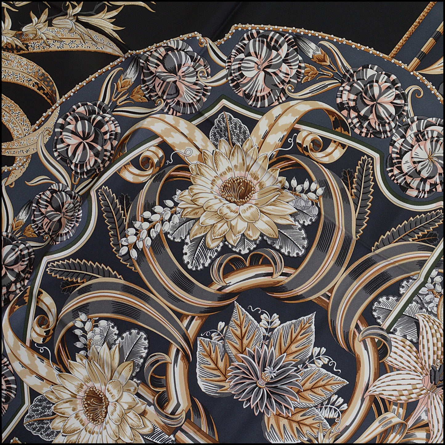 RDC14257 Authentic SALVATORE FERRAGAMO Black / Gold Flowers 90cm Silk Scarf