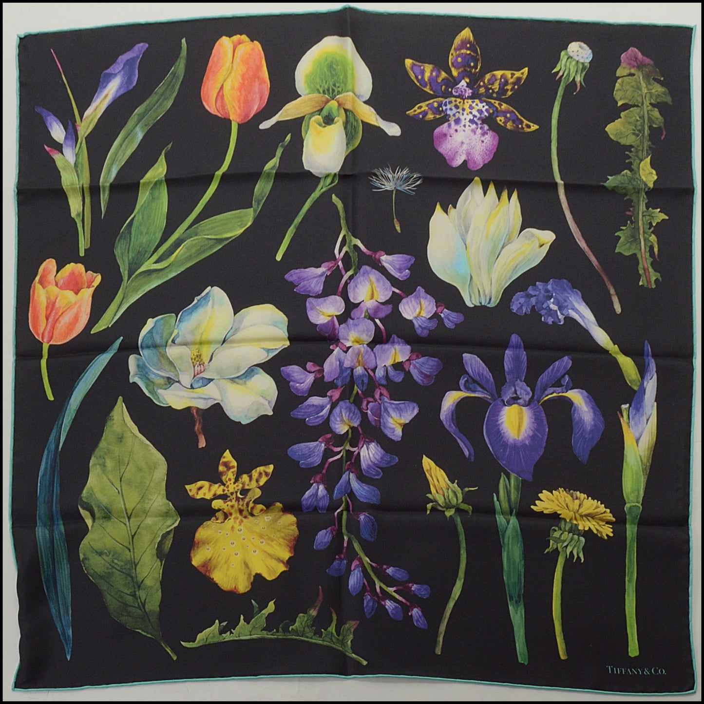 RDC15139 TIFFANY & CO. Black Botanica Silk Scarf 70cm