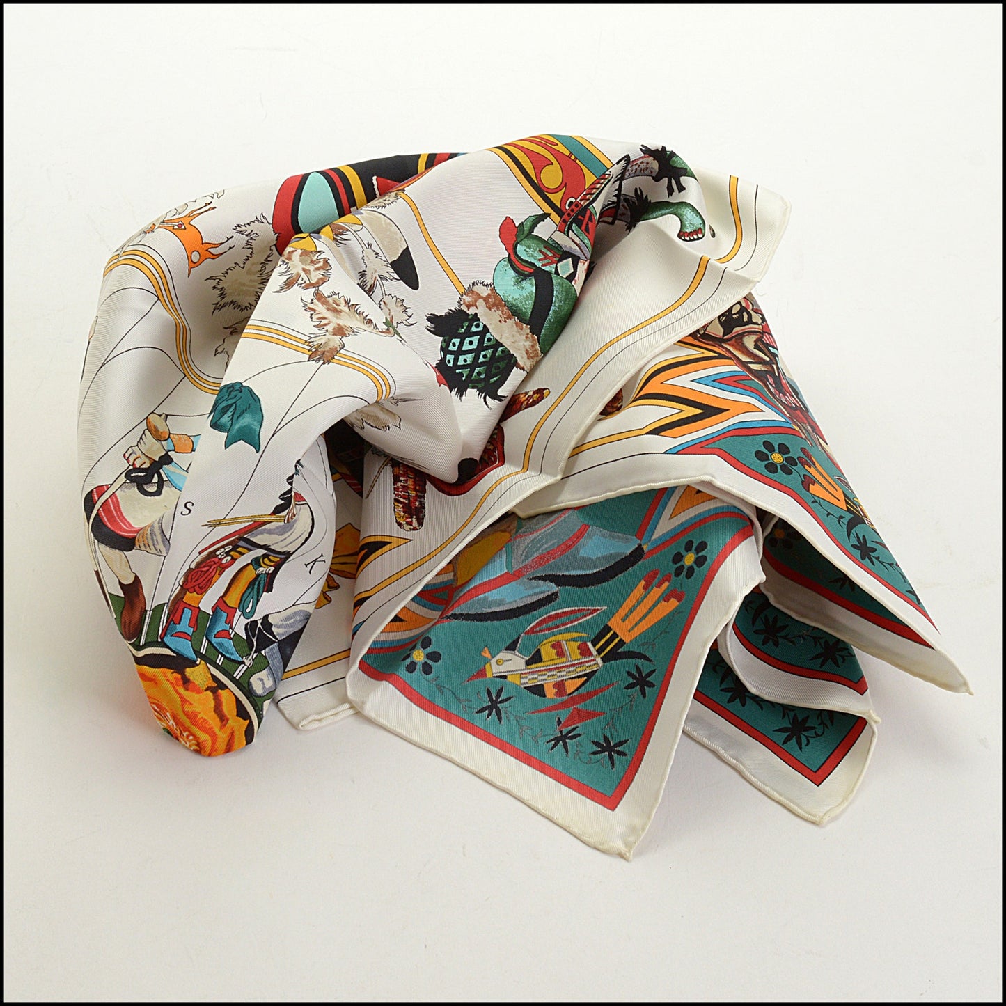 RDC14892 HERMES Vintage White/Multi "Kachinas" 90cm Scarf Kermit Oliver