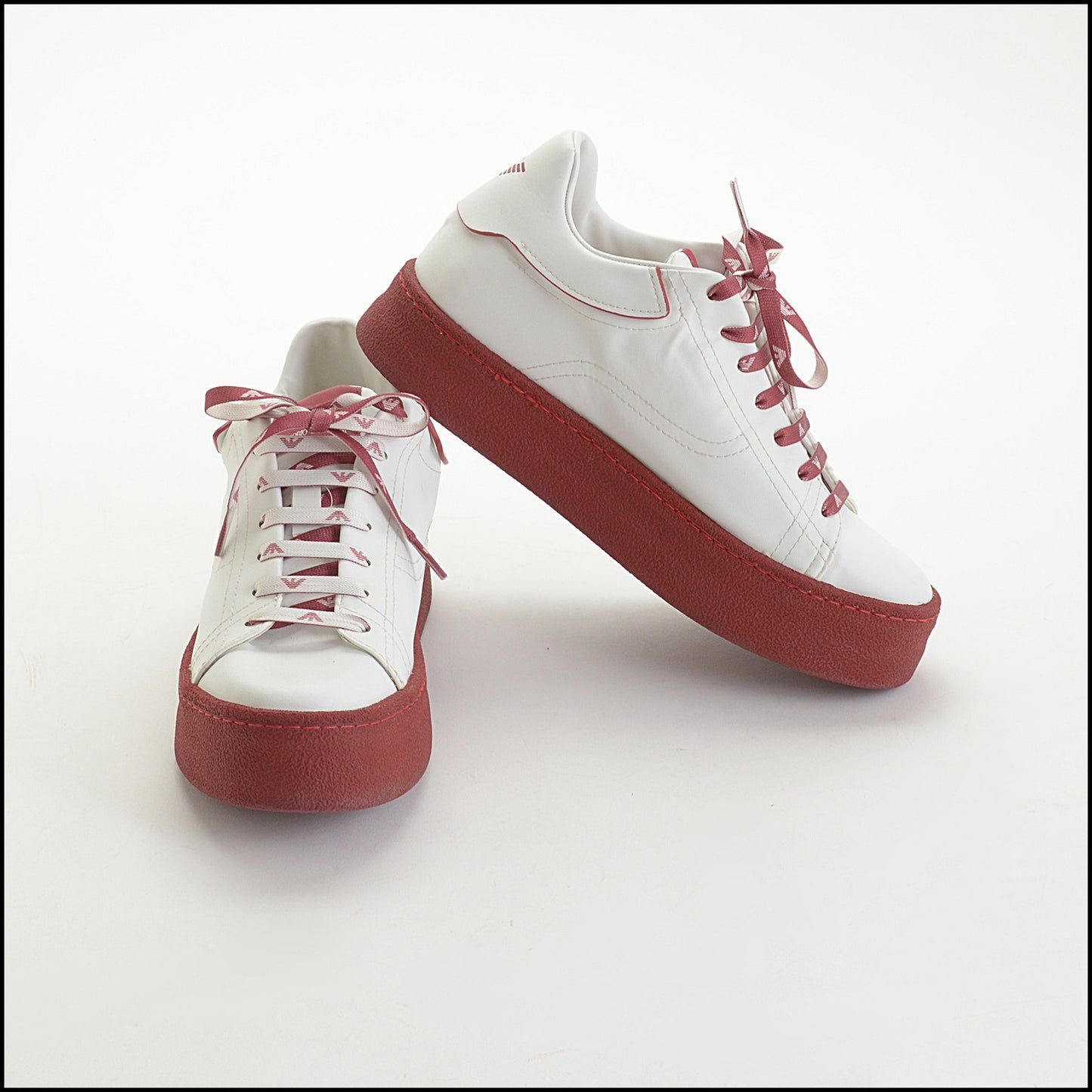 RDC14637 EMPORIO ARMANI Men's White Leather Burgundy Rubber Sole Sneakers Size 39