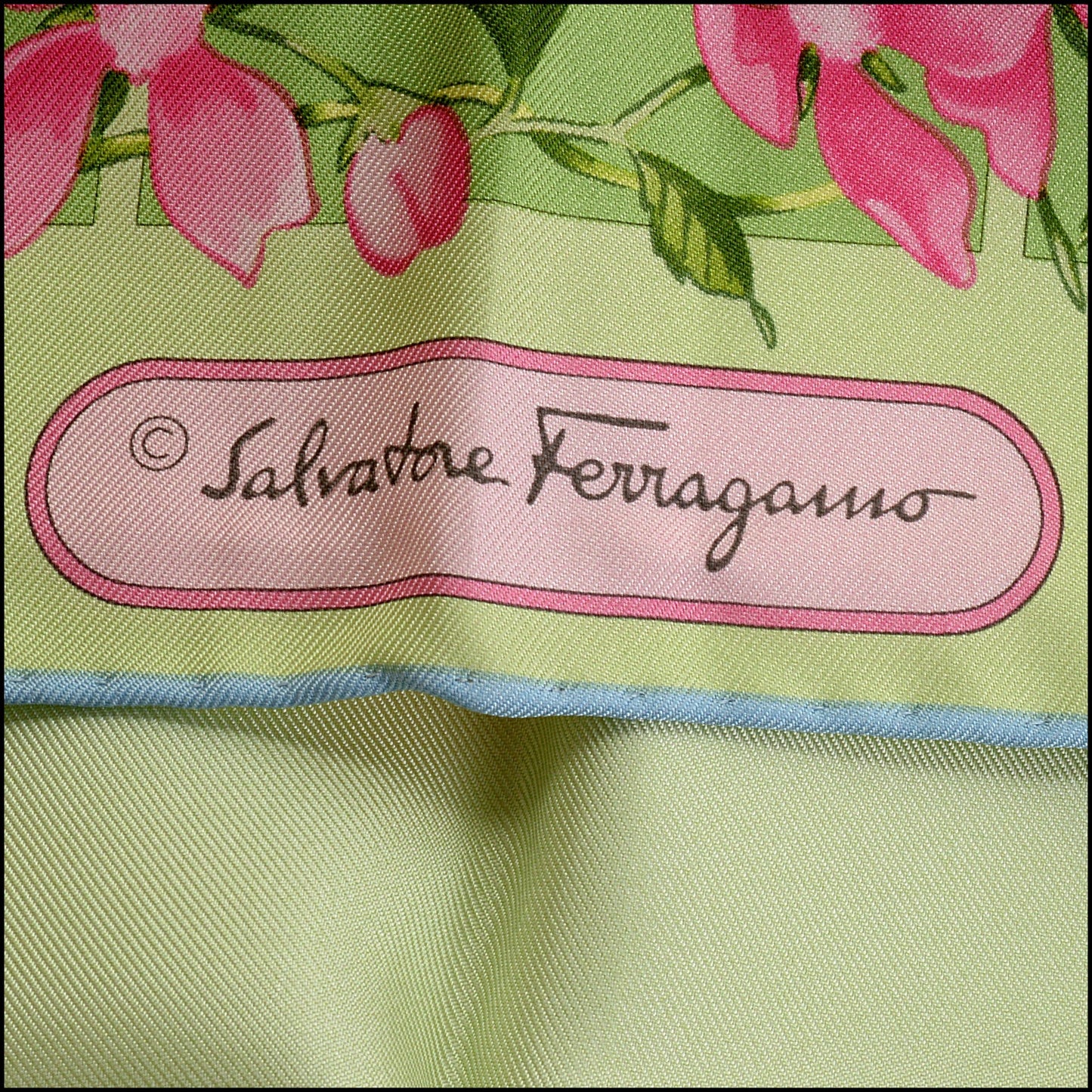 RDC14889 FERRAGAMO Light Green/Multi Gancini Floral Silk Scarf