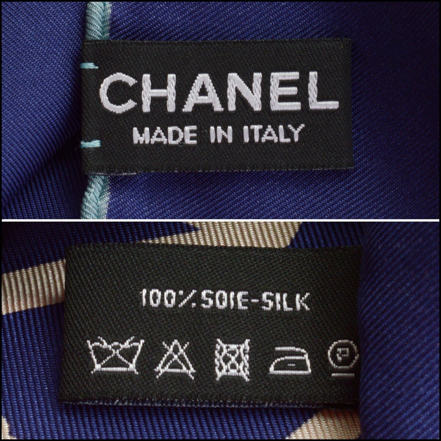 RDC14312 Authentic CHANEL Navy Blue & Multicolor Shopping Bags 90cm Silk Scarf