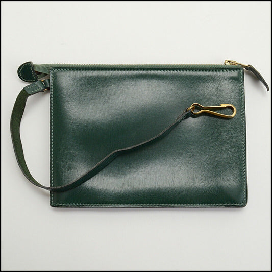 RDC13798 Authentic HERMES Vintage Dark Green Box Leather Clip-on Pochette Pouch