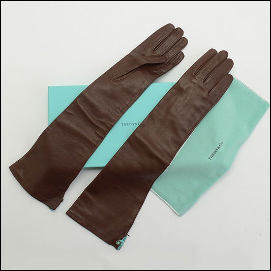 RDC13812 TIFFANY & CO. Brown Leather Opera Evening Long Gloves Size 7