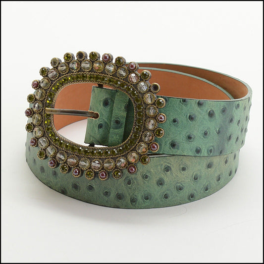RDC13811 Authentic ETRO Green Embossed Leather Crystal Buckle Belt Size L